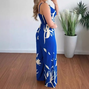 Women summer bohemian royal blue floral print wide leg jumpsuit with spaghetti straps
