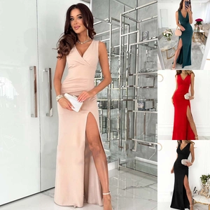 Women Sexy Slim Fit V Neck Sleeveless High Slit Maxi Dress Elegant Ruched Waist Evening Party Formal Gown