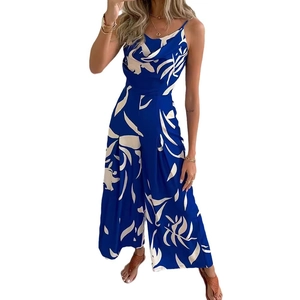 Women's blue floral print wide-leg jumpsuit with spaghetti straps on white background