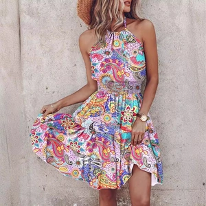Summer halter neck paisley print dress with elastic high waist and bohemian flared skirt