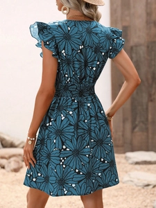 Vue arrière d'une robe fleurie sans manches avec volants et taille élastique bleu paon