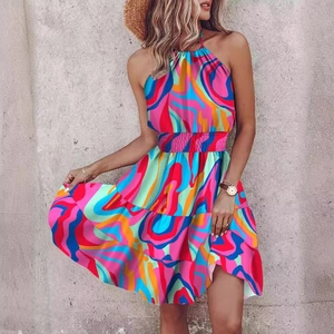 Halter neck sleeveless mini dress with colorful abstract print and ruffled hem