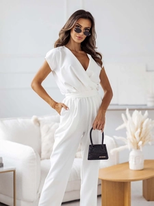 Detailed view of white V-neck short sleeve jumpsuit with waist tie and straight leg fit