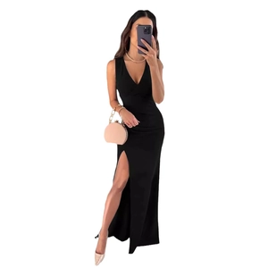 Sleeveless V-neck slim fit black long dress with high slit for formal evening events