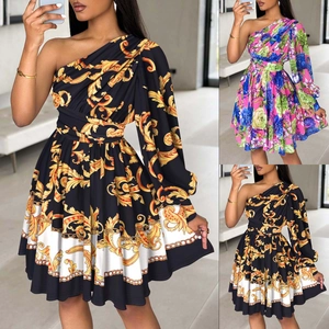 Robe Mini Bohème à une Épaule pour Femmes Manches Longues Imprimé Floral Baroque Coupe Ajustée Ligne A Robe de Fête