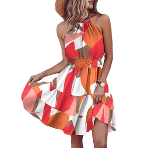 Women's halter neck sleeveless floral mini dress with smocked waist and ruffled hem