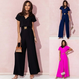 Combinaison Décontractée pour Femmes Col en V Manches Courtes Taille Haute Jambe Large avec Ceinture à Boucle Ronde