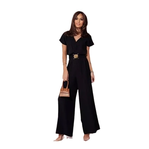 Combinaison noire femme à col en V, manches courtes et pantalon large avec boucle