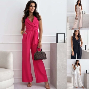 Tuta da Donna Casual Senza Maniche Scollo a V Tinta Unita Vita Alta Gamba Larga Tuta Con Cintura Moda Ufficio Streetwear Tuta
