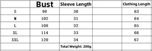 Size chart table for print button down shirt showing bust and sleeve measurements