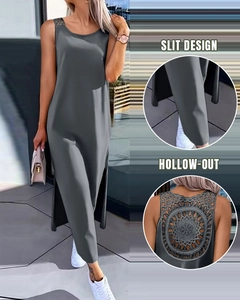 Detail of dark grey sleeveless midi dress showing side slit and lace hollow-out back