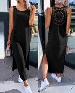 Detailed back view of a black sleeveless maxi dress with intricate crochet cutout design