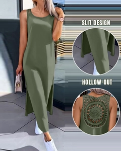 Detail view of olive green sleeveless maxi dress featuring a high side slit and hollow-out lace back