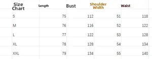 Comprehensive size chart for casual printed long sleeve shirt from size S up to XXL