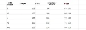 Size chart for women's long dress showing measurements from S to XXL for length and bust