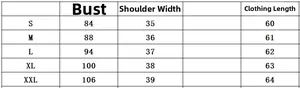 Detailed size chart for V-neck sleeveless top including bust, shoulder, and length specs