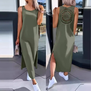 Army green sleeveless maxi dress with circular crochet hollow out back and side slits
