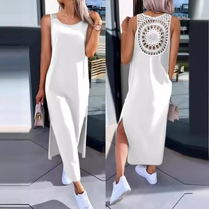 White sleeveless maxi dress with hollow out lace back detail and side slits