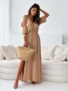 Detail view of khaki off-shoulder V-neck maxi dress with waist tie and high side slit