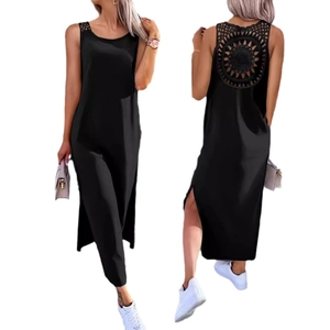 Women's black sleeveless bodycon dress with crochet sun pattern back and side slit