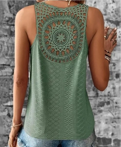 Detail of sage green crochet tank top featuring a large radial lace pattern on the back