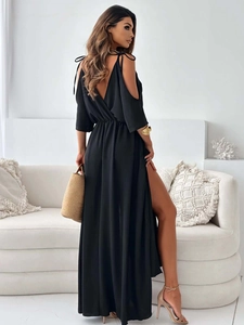 Elegant black cold shoulder maxi dress with back V-neck and high side slit detail