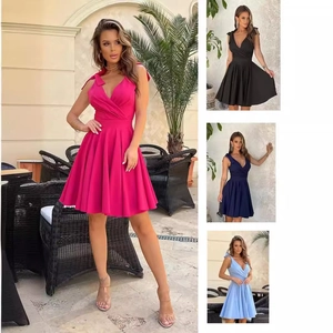 Robe Mini en Ligne A Sans Manches Élégante pour Femmes avec Col en V Nœud d'Épaule Couleur Unie Taille Haute Robe Été
