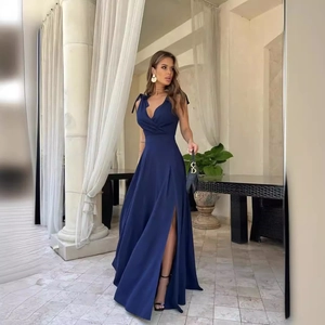 Elegant deep blue V-neck maxi evening dress with shoulder ties and high side slit