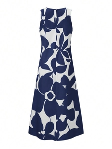 Back view of a sleeveless A-line dress with navy and white floral print and neck closure