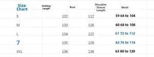 Detailed size chart for floral V-neck maxi dress featuring S to XXL measurements in centimeters