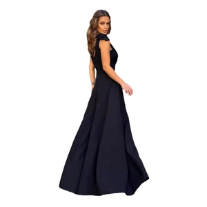 Elegant black sleeveless evening dress with a slim fit bodice and full maxi skirt flare