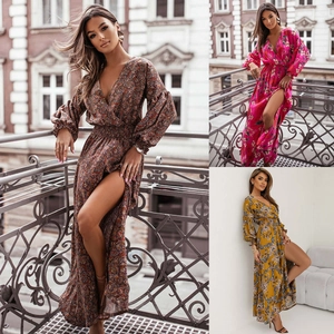 Robe Longue Vintage Imprimé Floral Col en V pour Femmes Sexy Fente Haute Manches Lanterne Bohème Taille Cintré Fête