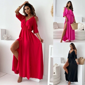 Women Sexy V Neck Cold Shoulder Maxi Dress Solid Leopard Print High Slit Loose Summer Vacation Long Dress For Beach Party