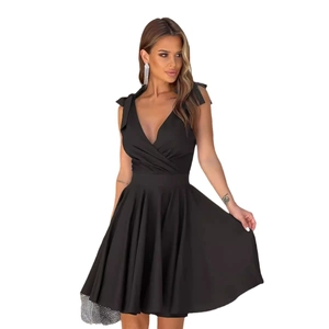 Robe courte noire élégante pour femme avec col en V, taille haute et nœuds aux épaules