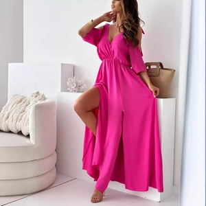 Rose red off-shoulder maxi dress with deep V-neck and double side slits for summer