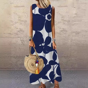 Women's Sleeveless Round Neck Maxi Dress Elegant Floral Print Pullover A-Line Long Dress For Summer Casual Vacation Dress
