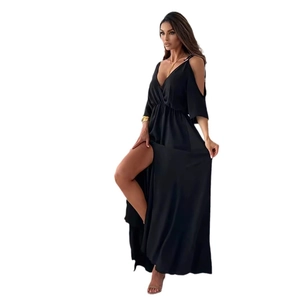 Elegant black cold shoulder maxi dress with deep V-neck and high split leg design