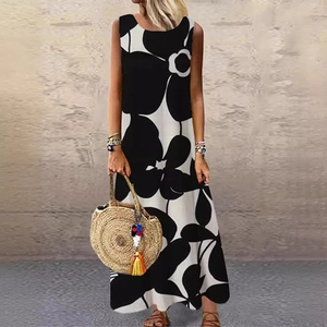 Women's sleeveless long dress with bold black and white floral print for summer