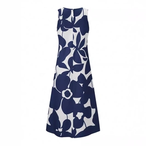 Women sleeveless maxi A-line dress with navy floral print on white background, back view