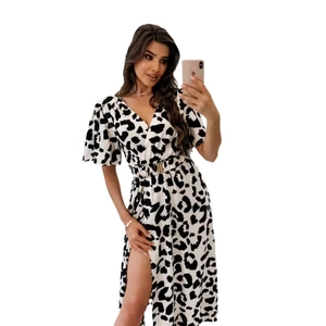 Robe longue femme col en V imprimé léopard avec ceinture à la taille et fente latérale