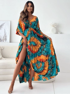 Detail of bohemian floral print dress with deep V-neck, waist drawstring and side slit