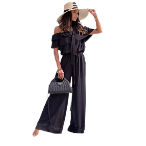 Damen Jumpsuit Schwarz Schulterfrei mit Rüschen und weitem Bein für den Sommerlook