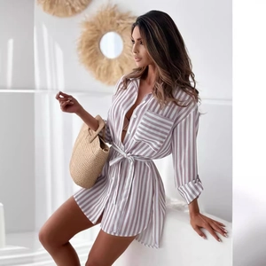 Pink and white striped long sleeve shirt dress with waist tie and turn-down collar