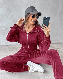 Detail of burgundy velour tracksuit featuring a cropped zip-up hoodie and high-waist joggers