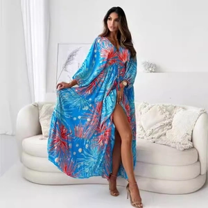 Bohemian royal blue V-neck maxi dress with tropical print and high side slit