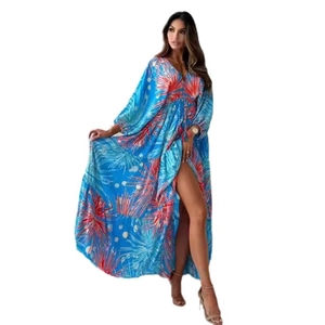 Teal V-neck maxi dress with floral print, puff sleeves and high slit for summer
