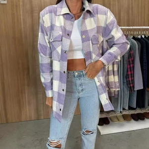 Plaid purple and white flannel shirt jacket with button-up front and twin chest pockets