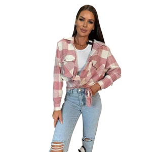 Pink and white plaid flannel shirt jacket for women with long sleeves and breast pockets