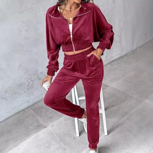Women's Fashion Velvet Two Piece Outfits Cropped Zipper Long Sleeve Top And High Waist Jogger Pants Casual Tracksuit Outfits