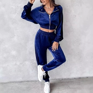 Women's navy blue velvet tracksuit with cropped zip hoodie and matching jogger pants